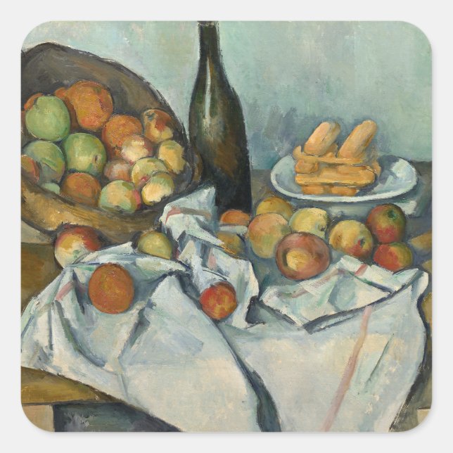 Cezanne Basket Apples Impressionismus Art Quadratischer Aufkleber (Vorderseite)