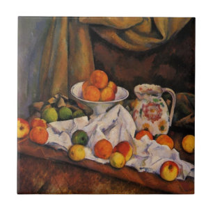 Cezanne: Kunstwerk "Fruchtkasten, Pitcher und Obst Fliese
