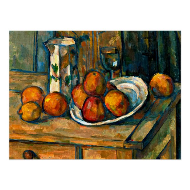 Cezanne - Stillleben mit Milchsaft und Obst Poster (Vorderseite)