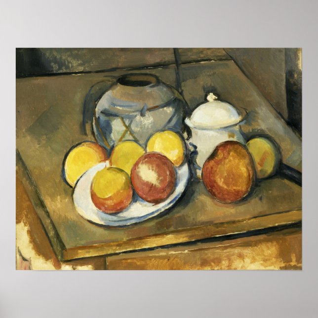 Cézanne - Vase, Zuckerschale und Äpfel Poster (Vorne)