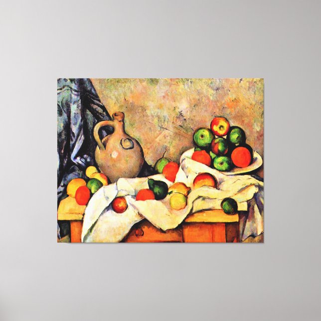 Cezanne - Vorhang, Jug und Obst, Leinwanddruck (Vorderseite)