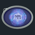 Chai - Leben fördern Ovale Gürtelschnalle<br><div class="desc">Das Judentum betont die Bedeutung des Lebens. Dieser Gürtelschnalle ist mit einem blauen Fraktal-Bild mit einem Stern von David und "Chai",  Hebräisch für Leben,  ausgestattet.</div>