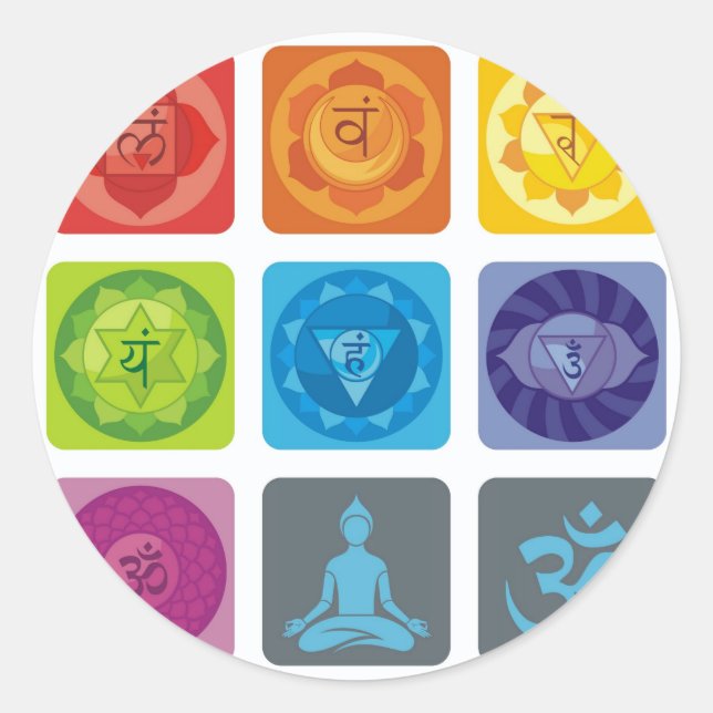 Chakra, Ohm, Aura, zen, Chakras, Yoga, Yogi, Heile Runder Aufkleber (Vorderseite)