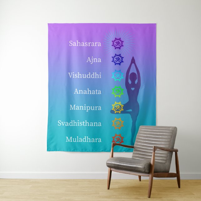 Chakra Tree Pose: Spirituelle Kunst Yoga Meditatio Wandteppich (Beispiel)