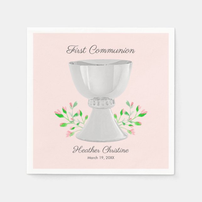 Chalice and Pink Buds Grüne erste Kommunion Serviette (Vorderseite)