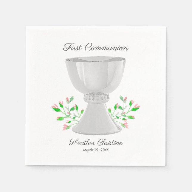 Chalice and Pink Buds Grüne erste Kommunion Serviette (Vorderseite)