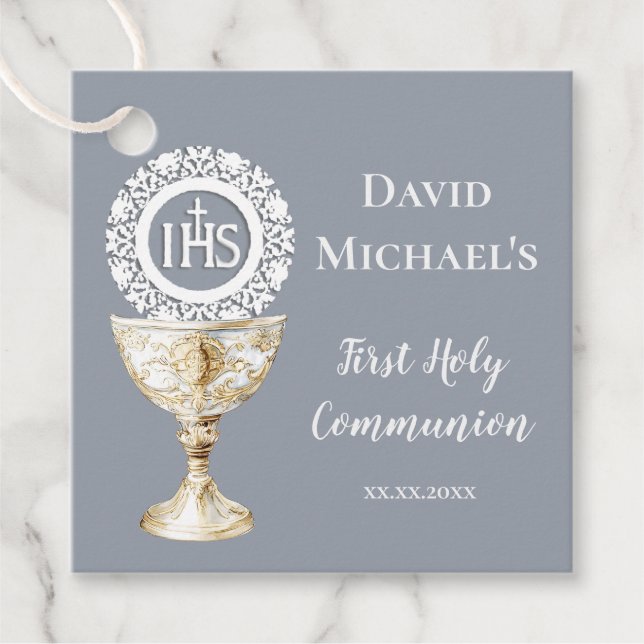 Chalice Host First Communion blue background Geschenkanhänger (Vorderseite)