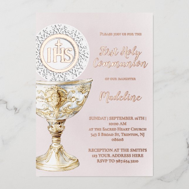 Chalice Host First Communion girl Folieneinladung (Vorderseite)