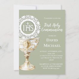 Chalice Host First Communion sage green background Einladung