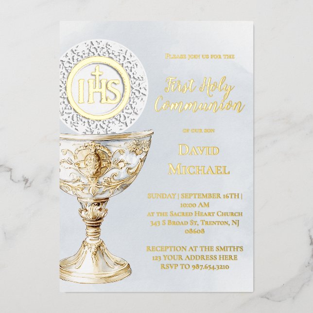 Chalice Host First Holy Communion blue watercolor Folieneinladung (Vorderseite)
