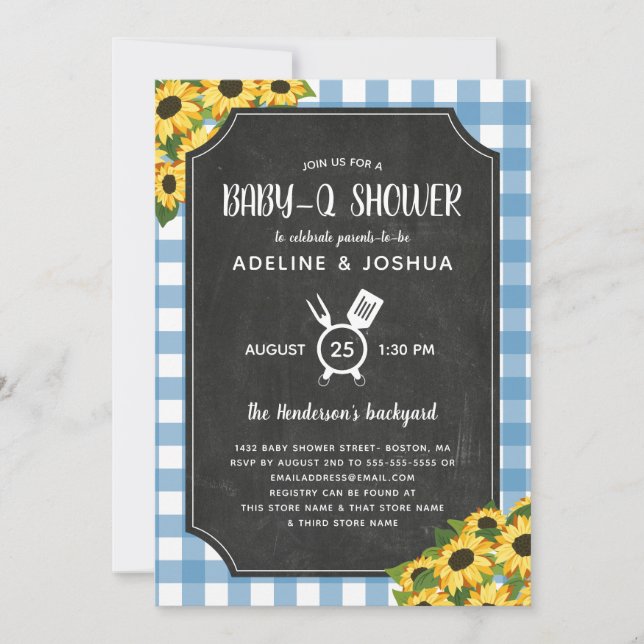 Chalk Blue Gingham Sunflower Boy Baby-Q Dusche Einladung (Vorderseite)