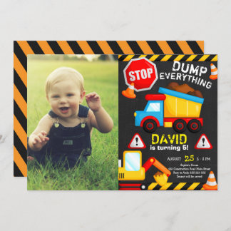 Chalk Construction Birthday Boy Truck mit Foto Einladung