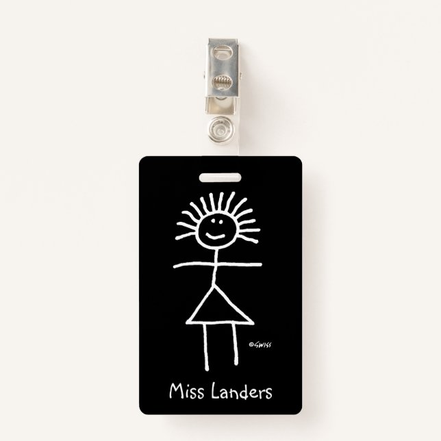 Chalk-Strichmännchen für weibliche Lehrerin mit Na Ausweis (Vorderseite mit Klammer)