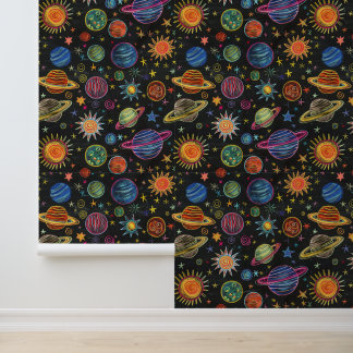 Chalk-zeichn des Sonnensystems auf schwarzer Brett Tapete