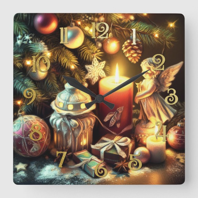 Chalk Zeichnend Weihnachtsbaum Candle Angel Quadratische Wanduhr (Vorderseite)