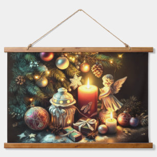 Chalk Zeichnend Weihnachtsbaum Candle Angel Wandteppich Mit Holzrahmen