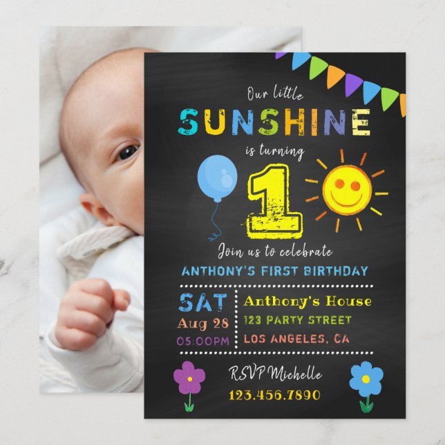 Chalkboard 1. Geburtstag Little Sunshine Boy Party Einladung (Vorne/Hinten)