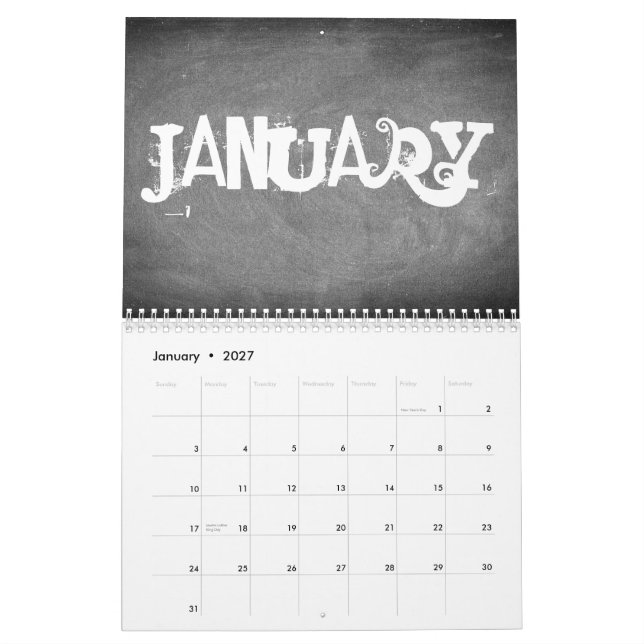 Chalkboard 2018 - Schwarzer und Weißer Text Kalender (Jan 2027)