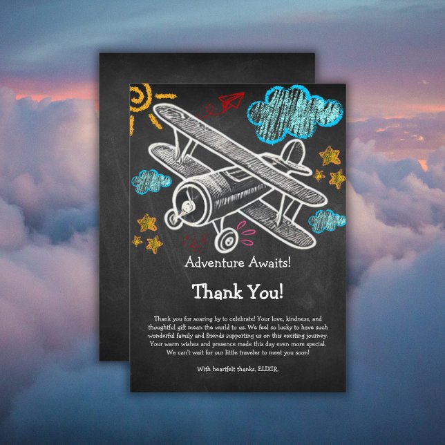 Chalkboard Adventure erwartet Airplane Baby Shower Dankeskarte (Von Creator hochgeladen)
