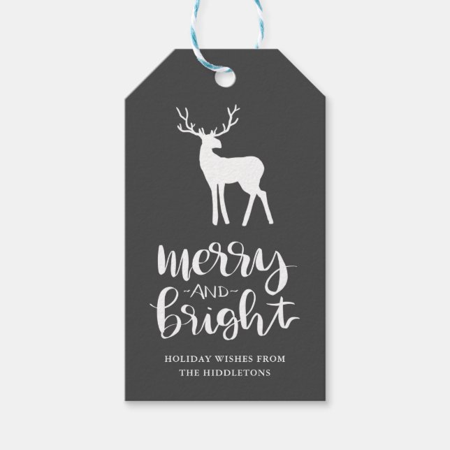 Chalkboard Antler Merry & Bright Script Weihnachte Geschenkanhänger (Vorderseite)
