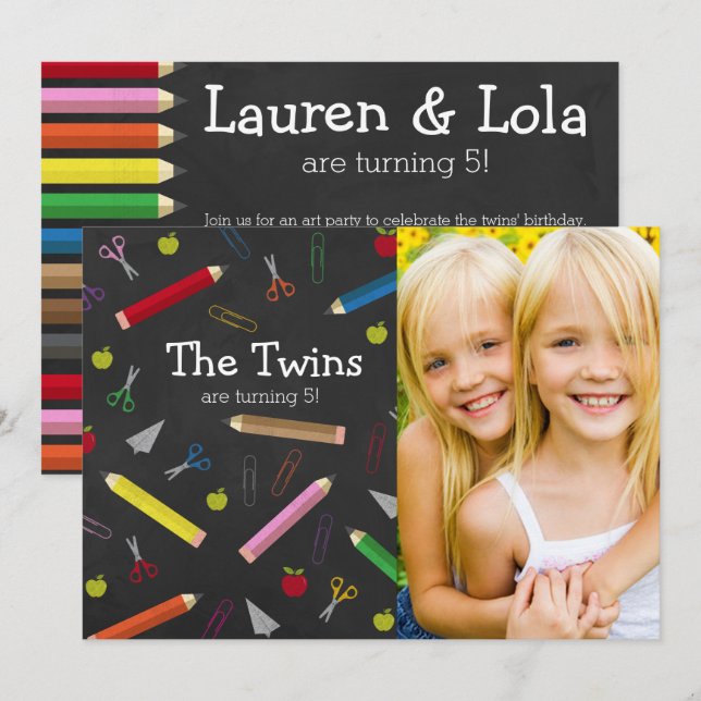 Chalkboard Apple Pencil Crayons Birthday Twins Einladung (Vorne/Hinten)