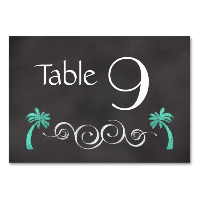 Chalkboard Aquamarin Beach Wedding Tischnummer (Vorderseite)