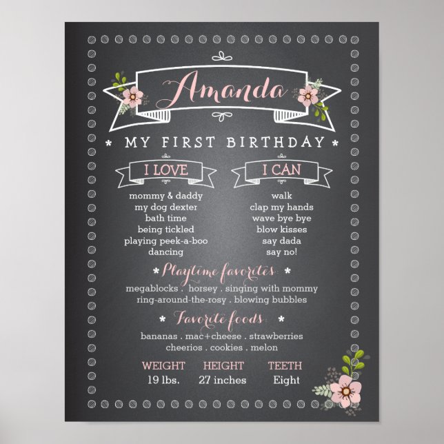 Chalkboard Baby First Birthday Milestone Board Poster (Vorne)