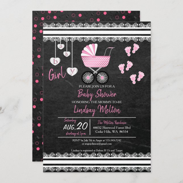 Chalkboard Baby Girl Dusche Design Einladung (Vorne/Hinten)