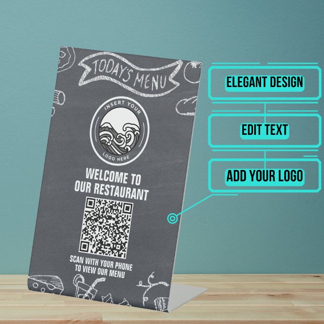 Chalkboard Banner Restaurant Menü QR Code Sockelschild (This QR Code placard table pedestal sign can be placed anywhere & scanned by your customers.)