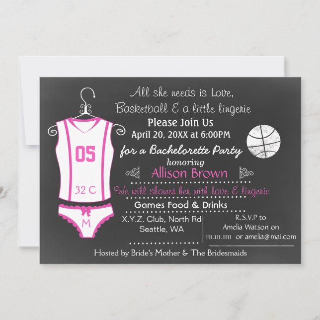 Chalkboard Basketball Lingerie Dusche Bachelorette Einladung (Vorderseite)