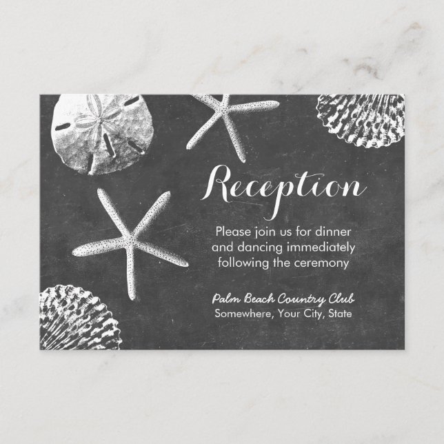 Chalkboard Beach Theme Seashells Hochzeitsempfang Begleitkarte (Vorderseite)