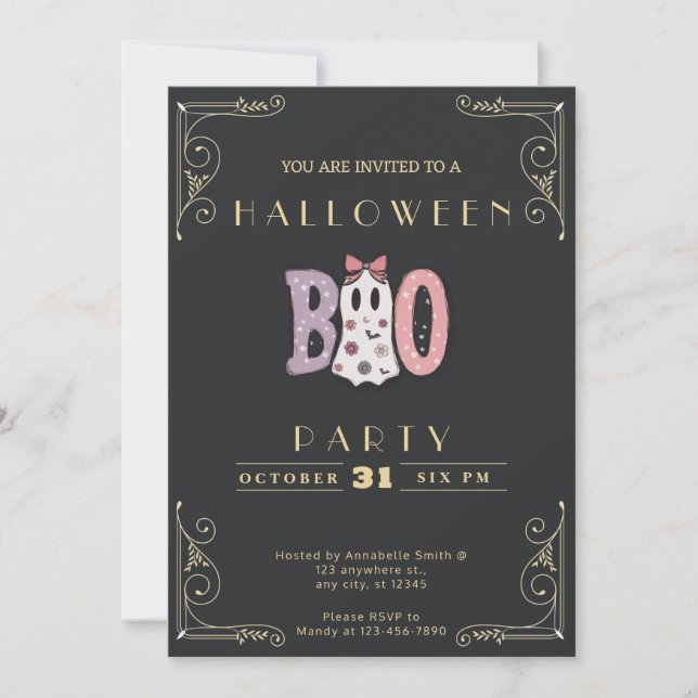 Chalkboard Black & Gold BOO Niedlich Ghost Hallowe Einladung (Vorderseite)