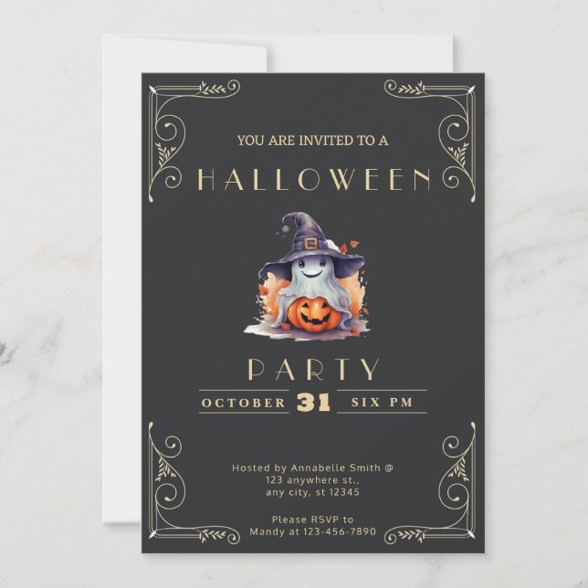 Chalkboard Black & Gold Ghost Hexenhut Halloween Einladung (Vorderseite)