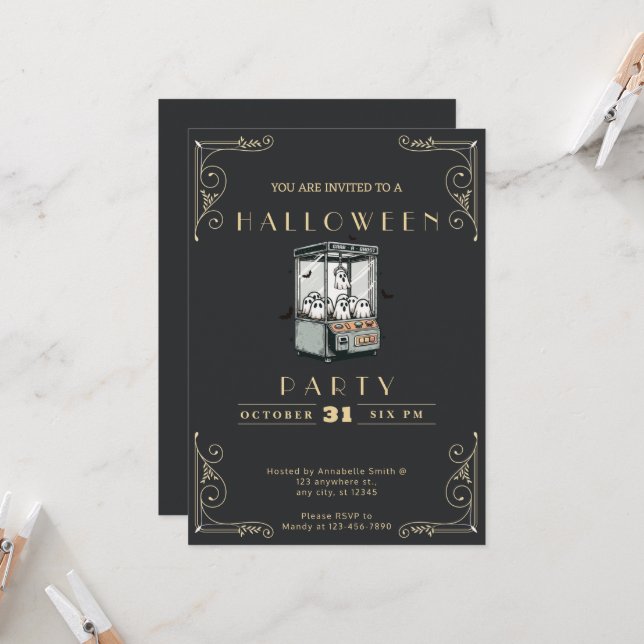 Chalkboard Black & Gold Grab ein Ghost Halloween Einladung (Vorderseite/Rückseite Beispiel)