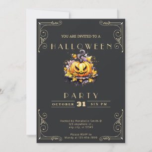 Chalkboard Black & Gold Jack O' Lantern Halloween Einladung