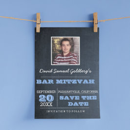 Chalkboard Blue Bar Mitzvah Foto Save the Date Ankündigungspostkarte