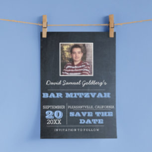 Chalkboard Blue Bar Mitzvah Foto Save the Date Ankündigungspostkarte
