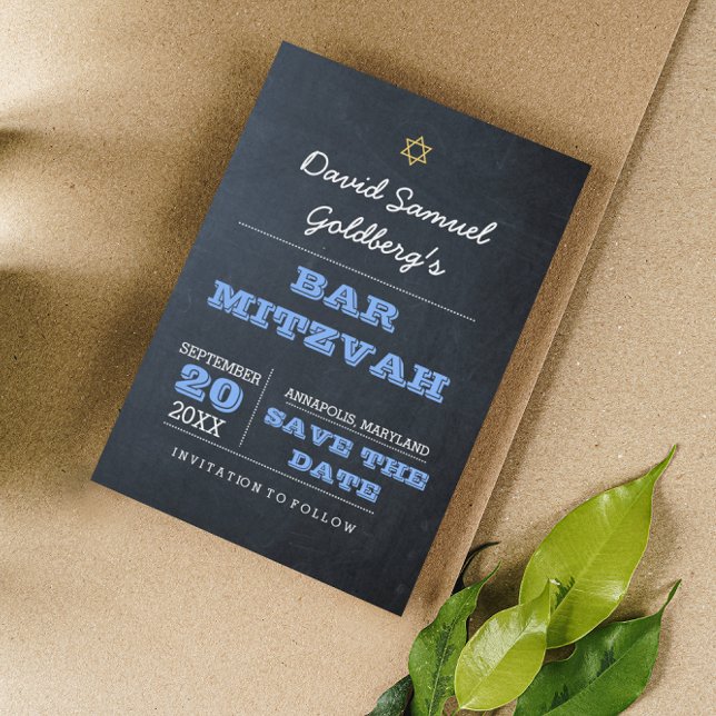 Chalkboard Blue Bar Mitzvah Save the Date Card Einladung (Von Creator hochgeladen)