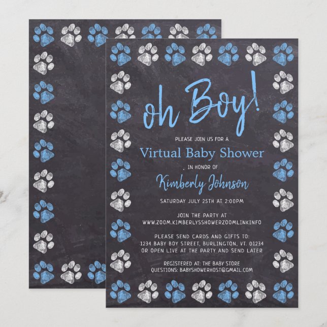 Chalkboard Blue Boy Paw Print Virtual Baby Dusche Einladung (Vorne/Hinten)