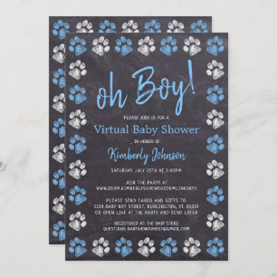 Chalkboard Blue Boy Paw Print Virtual Baby Dusche Einladung