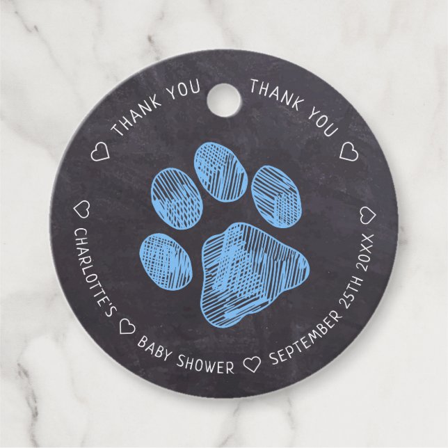 Chalkboard Blue Paw Print Baby Dusche Vielen Dank Geschenkanhänger (Vorderseite)