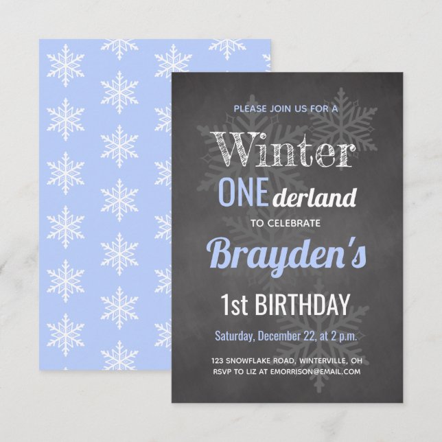 Chalkboard Blue Winter Onederland 1. Geburtstag Einladung (Vorne/Hinten)