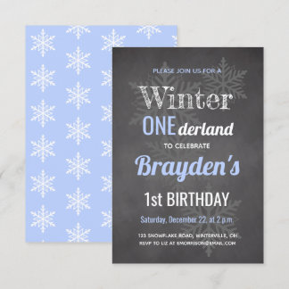 Chalkboard Blue Winter Onederland 1. Geburtstag Einladung