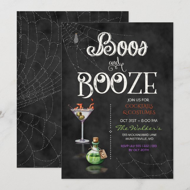 Chalkboard Boos & Booze Halloween Cocktail Party Einladung (Vorne/Hinten)