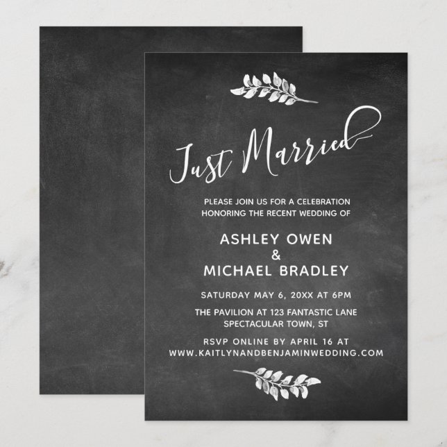 Chalkboard & Botanical Just Married Empfang Einladung (Vorne/Hinten)