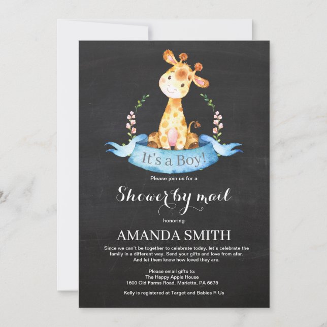 Chalkboard Boy Giraffe Babydusche per Post Einladung (Vorderseite)