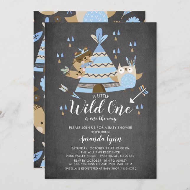 Chalkboard Boys Wild One Baby Shower Einladung (Vorne/Hinten)