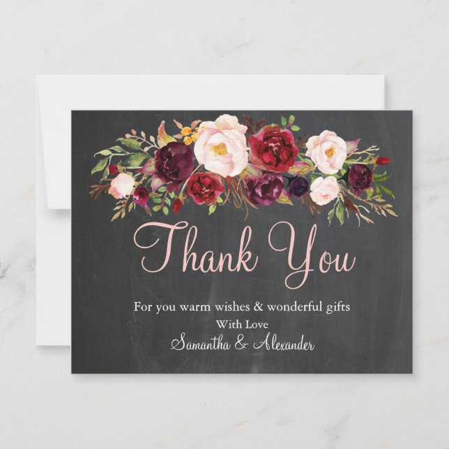 Chalkboard Burgundy Marsala Blume Danke Karte (Vorderseite)