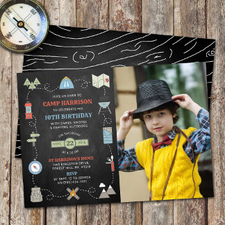 Chalkboard Camping Foto jedes Alters Geburtstag Einladung