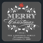 Chalkboard Christmas Holly Wreath Address Stickers<br><div class="desc">Square Envelope Sealing Labels mit Rücksendeadresse für Weihnachtskarten - Eleganter Vintager Chalkboard Stil Frohe Weihnachtsfeiertage für Grußkarten und saisonale Party Einladungen. Extravagantes, weißes, heiliges Kreidedesign mit Retro-Letterpress-Stil dekorative Typografie. Fügen Sie Ihren Familiennamen oder personalisierten Nachrichtentext hinzu. Moderne, klassische, moderne und stilvolle Art und Weise, um angesagte, fröhliche Winterurlaub Grüße an...</div>